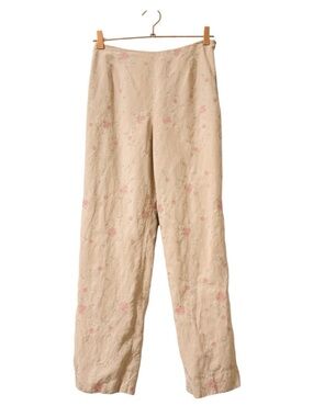 Loft Vintage Beige Floral Embroidered Linen Silk Straight Leg Pants Size 4